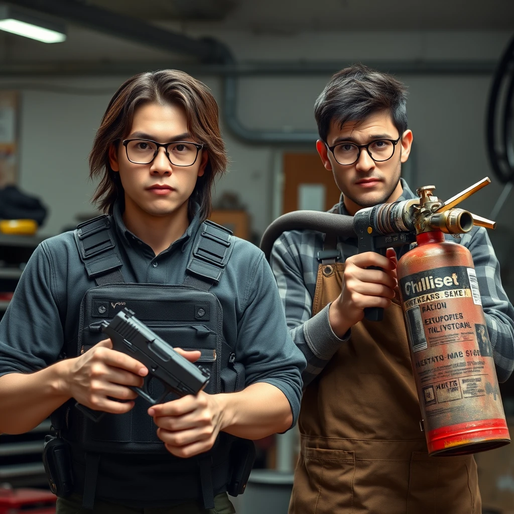 A 21-year-old thin, long-faced white adult Northern Chinese man with a square chin, wearing square glasses and holding a pistol, has medium to long-length hair and a tactical chest rig. A 21-year-old Caucasian Italian man, wearing round glasses and short hair, is holding a very large fire extinguisher that looks like a flamethrower, and is wearing a welding apron. The setting is a garage, and both appear angry. - Image