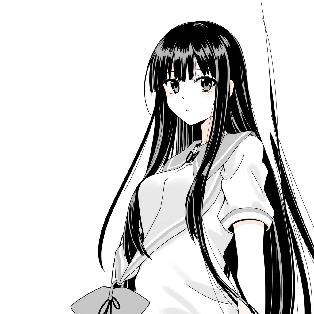 Girl with long, straight, black hair, tall, slim, average breast size, 20 years old, wearing a school uniform. Full body portrait, manga style, grayscale.