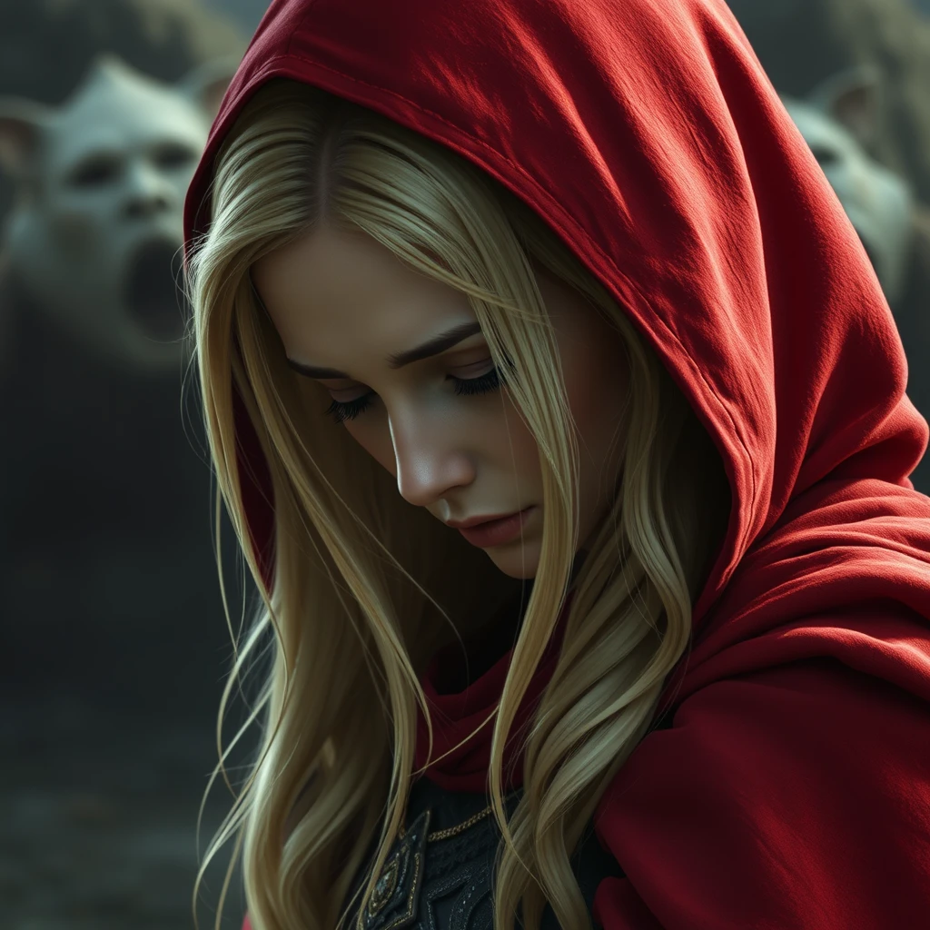 Photo realistic: Blonde fantasy heroine with a red cloak sadly lowers her head.