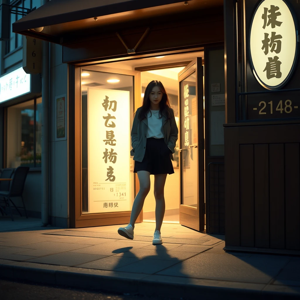 In the evening, a young woman is stepping on something outside a restaurant, where there is a sign that clearly shows characters, either in Chinese or Japanese. - Image