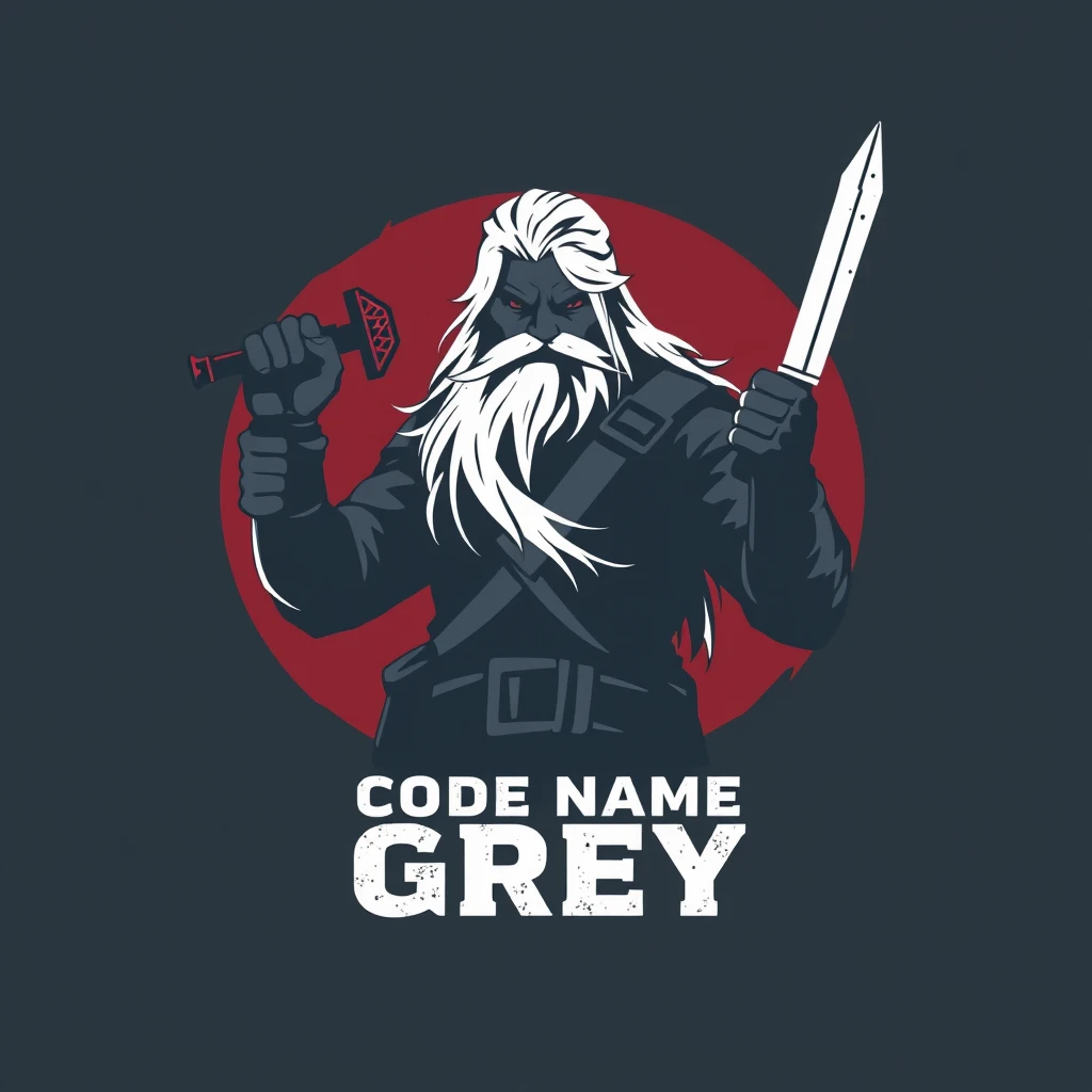 A sharply skilled graphic artist has crafted a stunning logo for Code Name Grey, a gaming channel. The image features a silhouette of a long white-haired rugged man gripping a construction hammer in one hand and a sword in the other, poised for action. This meticulously designed flat vector art showcases intricate details like rugged texture and dynamic composition, resulting in a visually captivating and professional piece that perfectly embodies the channel's theme of gritty survival and creativity. - Image