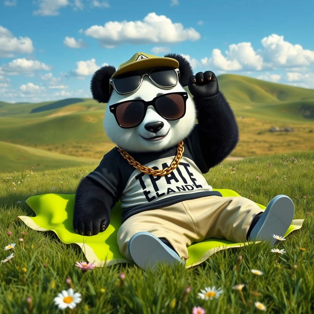 A playful panda dressed as a hip-hop rapper, wearing oversized sunglasses, a gold chain, a graphic tee, baggy pants, and a cap. The panda is lying on a bright green beach towel in a serene meadow. The background includes rolling green hills, wildflowers, and a clear blue sky with fluffy clouds. Realistic style, 8K resolution.