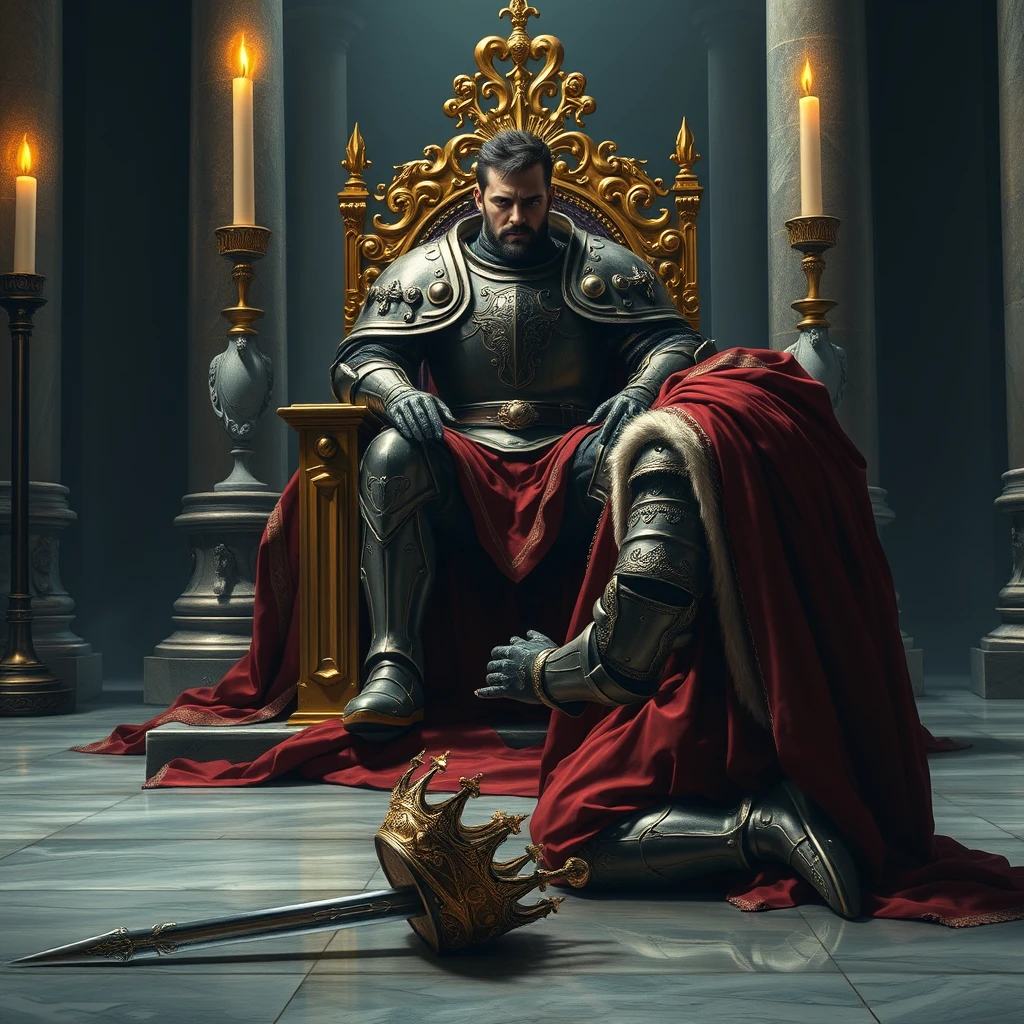 The usurper, a handsome man of undeniable strength, sits upon the golden throne with an almost casual arrogance. His heavy armor, intricately etched and polished to a gleaming sheen, reflects the flickering torchlight that dances across the vast hall. The rightful king, draped in the rich velvet and ermine of his royal robes, kneels abjectly at the foot of the throne, his head bowed in defeat. His crown, tipped askew, lies abandoned on the marble floor, reflecting the shattered remnants of his authority. The usurper's hand rests upon the pommel of his sword, a silent but potent reminder of the brutal force that brought him to this position of power. The scene is rendered with stark realism, capturing the textures of the cold stone, the rich fabrics, and the cold, hard steel of the armor. The air itself seems thick with tension, the silence heavy with the weight of the dramatic power shift. The image speaks volumes of ambition, betrayal, and the harsh realities of power in a tumultuous age.