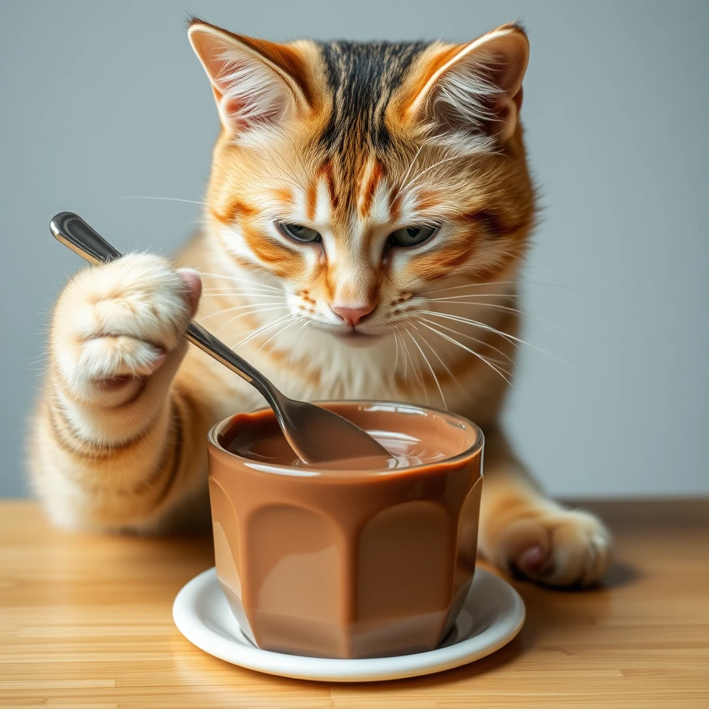 house cat stirring chocolate milk with spoon