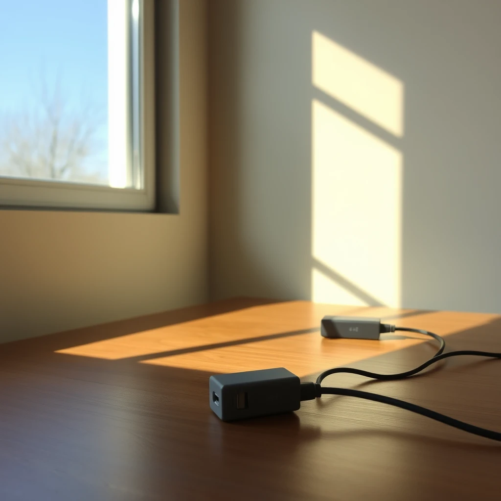 Generate image: Sunlight shines through the window onto one-third of the table, and on the sunlit part of the table, there is a USB charger. - Image