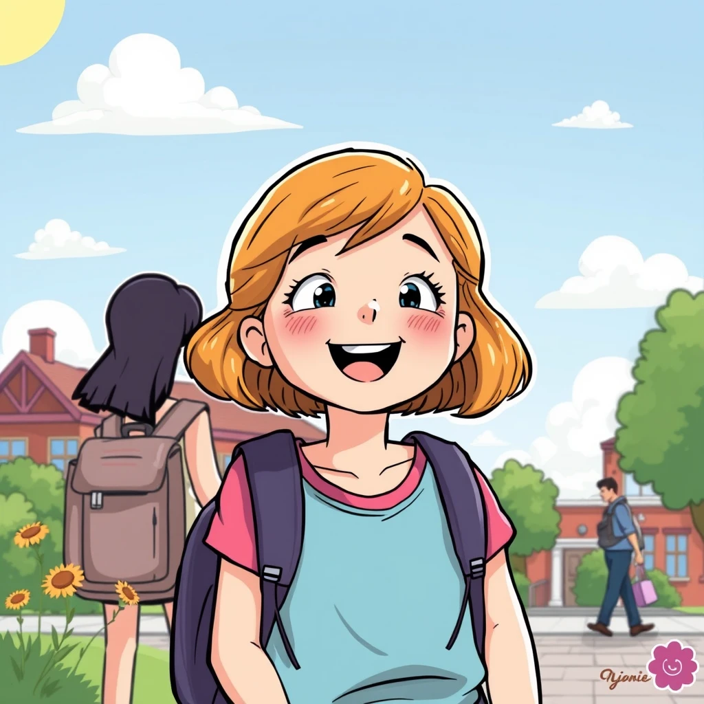 "Create a comic. It should show how a 10-year-old girl joyfully goes to her new secondary school in the summer." - Image