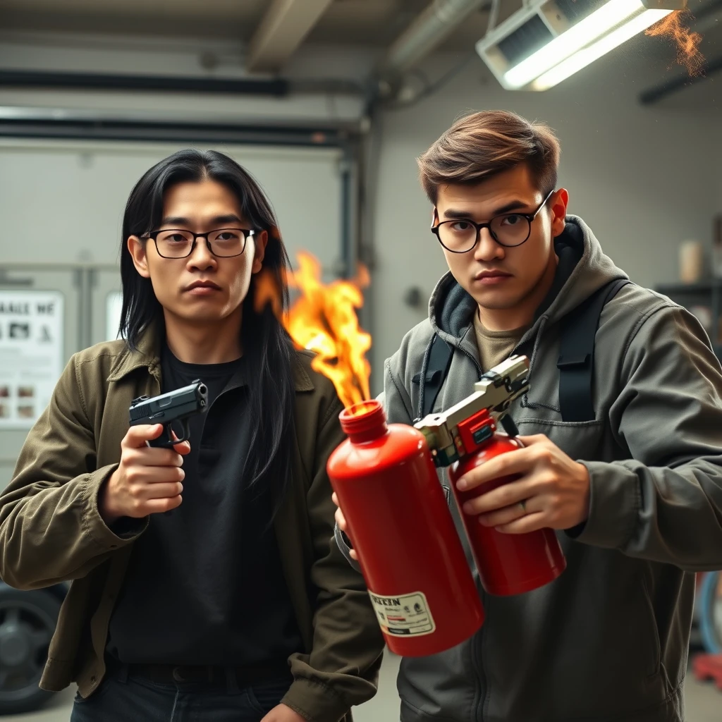 21-year-old white Chinese man with square glasses, long black hair, holding a pistol; 21-year-old white Italian man with round prescription glasses and short hair holding a very large fire extinguisher flamethrower, in a garage setting, both angry.