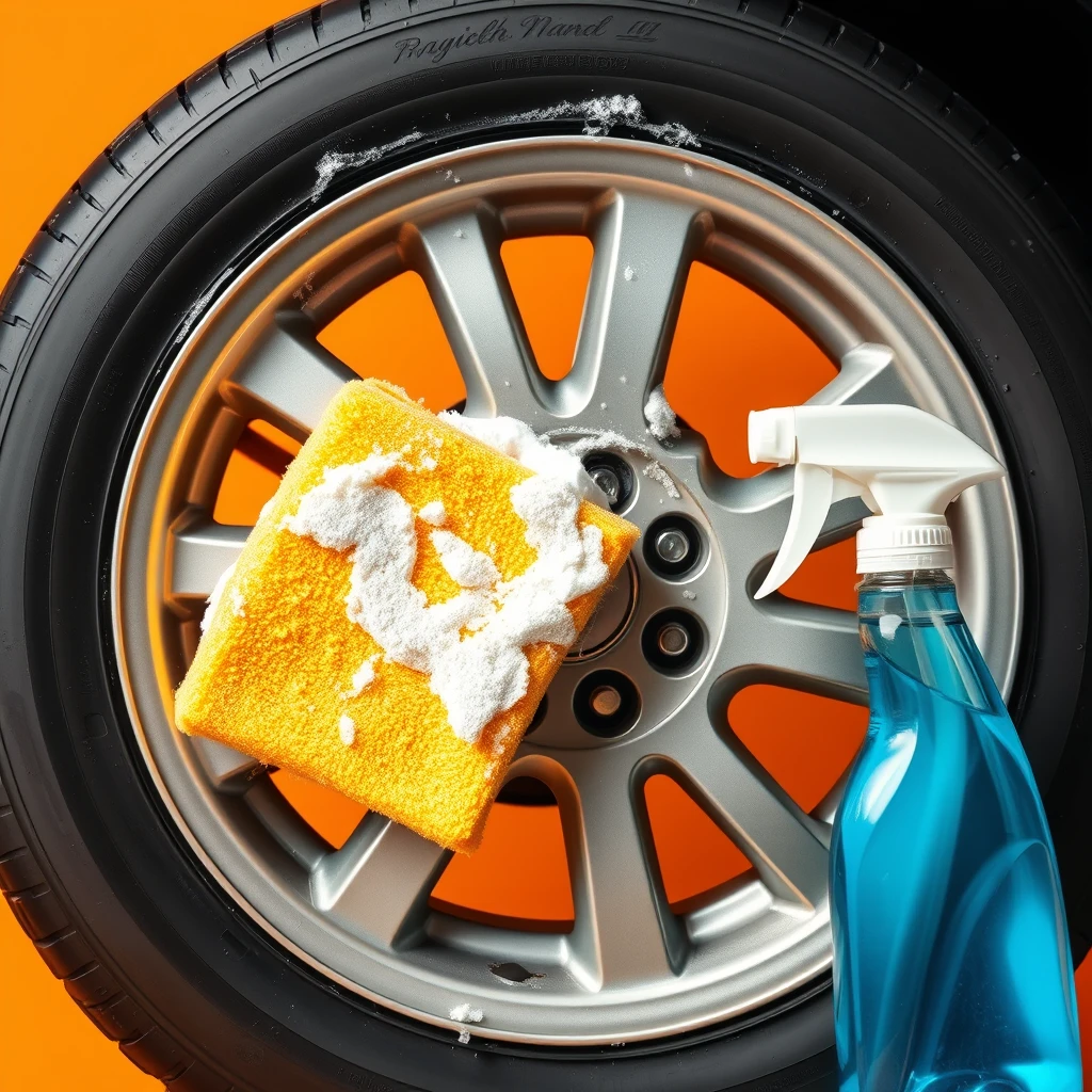 car tyre, sponge, soap foam, cloth, cleaning spray, soap foam, cleaning products, orange background - Image