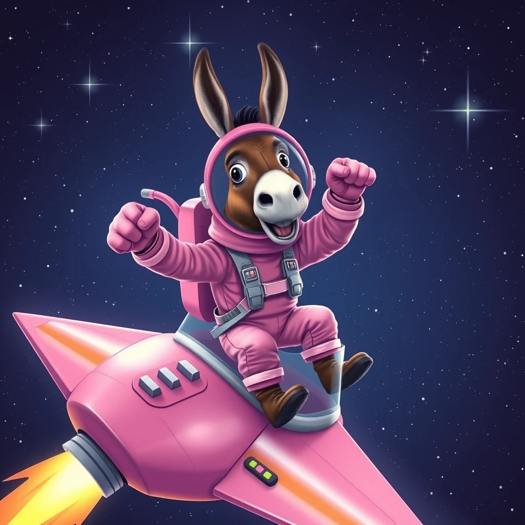 An ambitious donkey wearing pink astronaut costume, riding on a stunning spaceship, making a punching gesture, flying to the outerspace under a clear night sky with lots of shining stars. Realistic style.