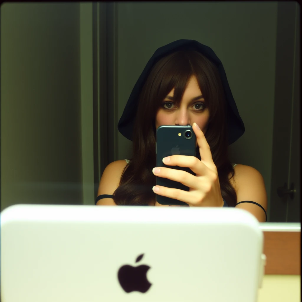 Phone photo: A woman in a cosplay stands in front of a mirror capturing a selfie. The image quality is grainy, with a slight blur softening the details. The lighting is dim, casting shadows that obscure her features. Her expression is casual while the old iPhone struggles to focus, giving the photo an authentic, unpolished feel. The mirror shows smudges and fingerprints, adding to the raw, everyday atmosphere of the scene.