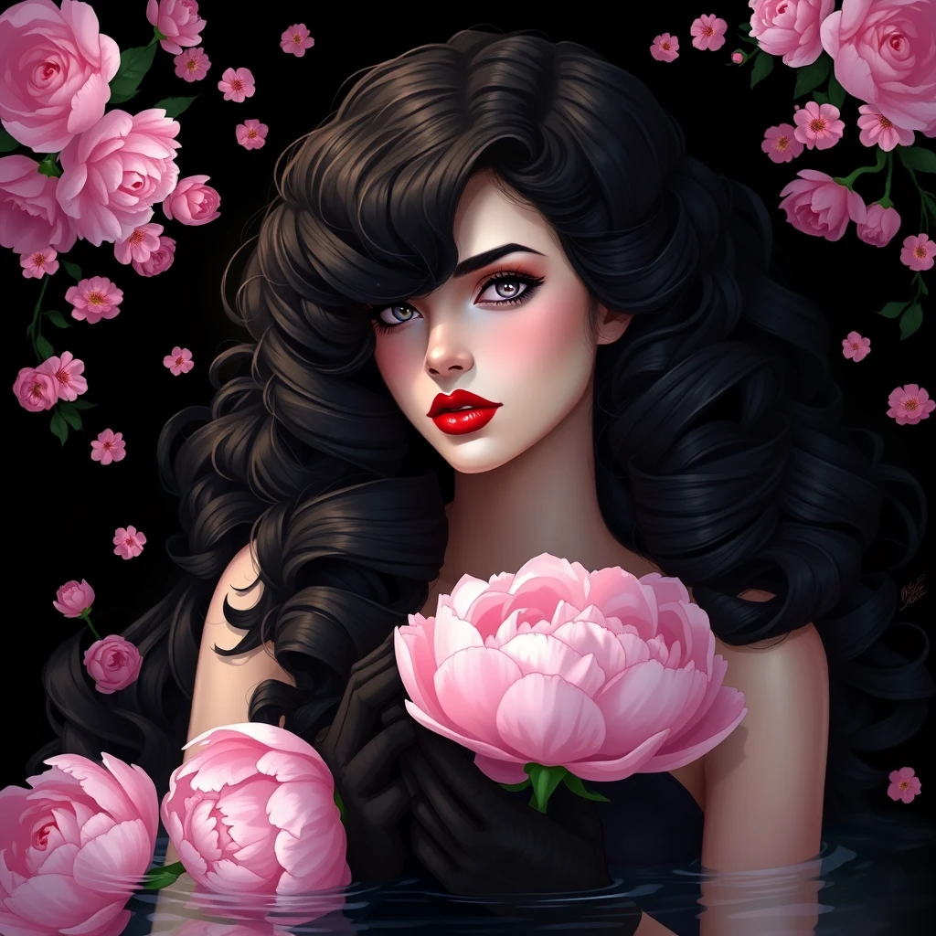 A portrait of an elegant woman with long, dark curly hair holding peonies in her hands. The background is black with pink flowers. She has light skin, red lips, and white eyes, wearing gloves on both arms. In the style of Artgerm's digital painting style, laying in water, more from this series.