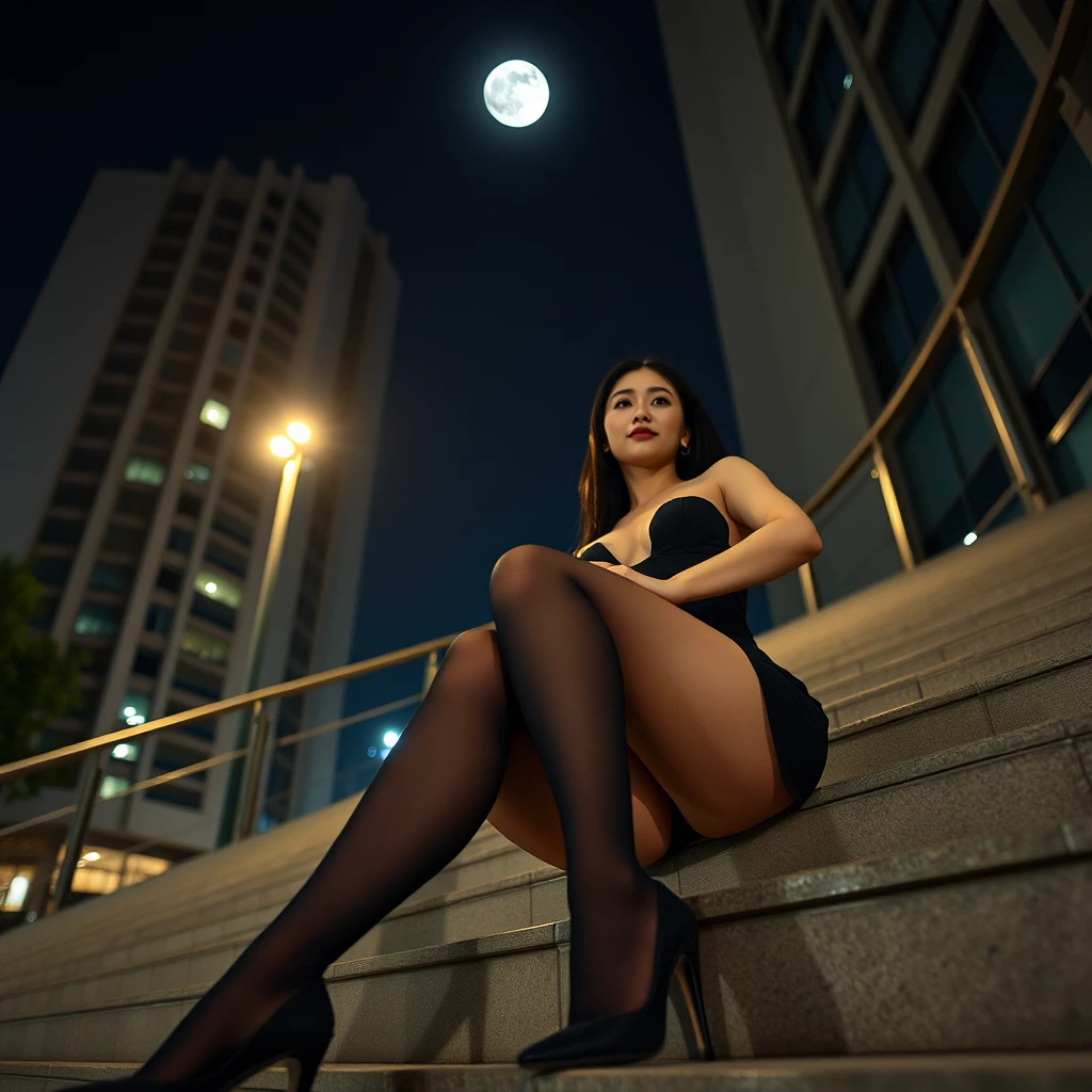 photographic, cinematic lighting, high-end fashion photoshoot, wide shot, at night, moon, outdoors, tall building, street, street lamp, stairs, Chinese, beautiful, strapless top, navel cutout, cj_hs, solo, lower body, legs, realistic, fine fabric emphasis, stiletto heels, student, acute face, medium breasts, wearing a miniskirt, skirt, black thigh-highs, high heels, fair skin, black hair, light blush, solo, sitting, from below, (looking at viewer), povs - Image