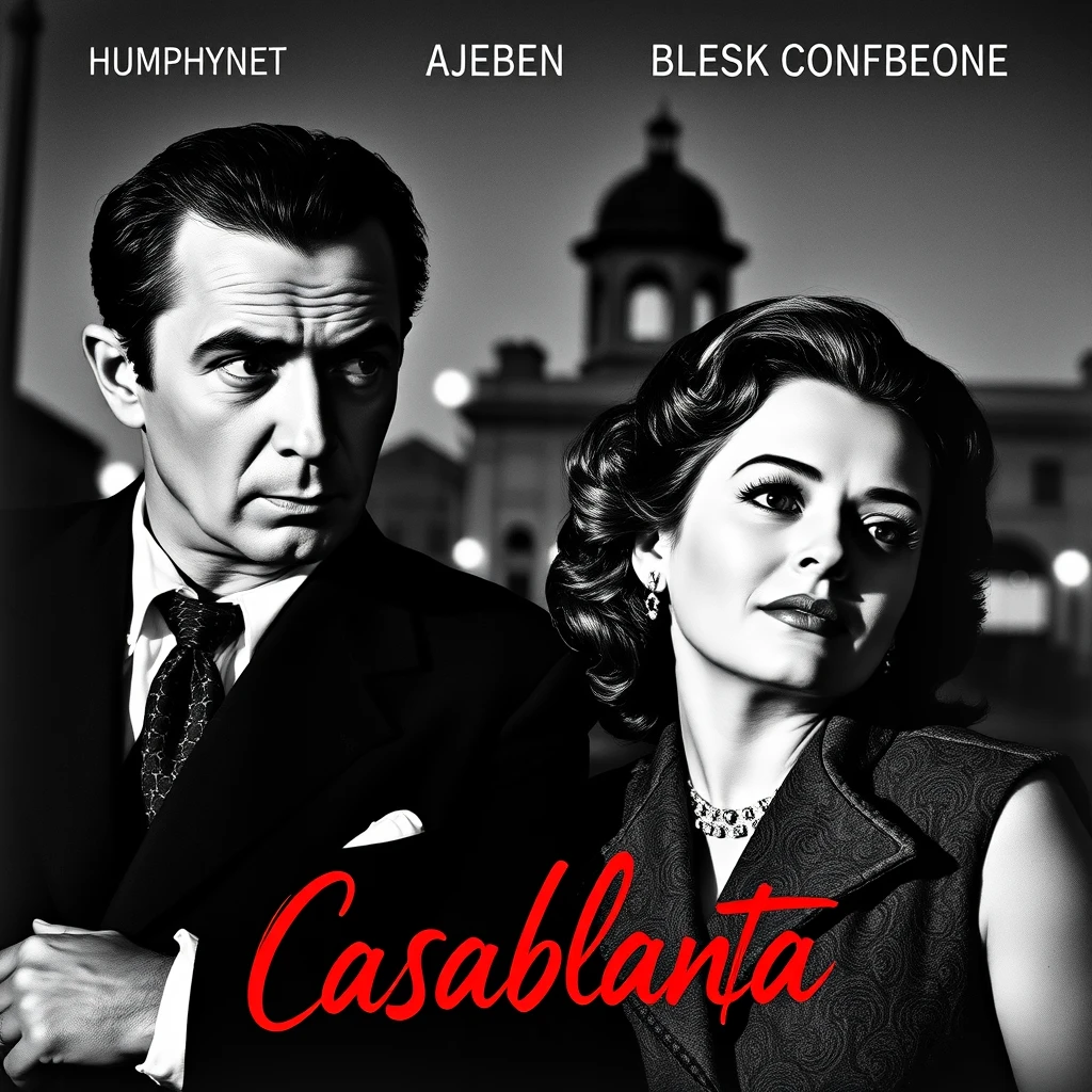 A photorealistic black and white movie poster for the film Casablanca starring Humphrey Bogart and Ingrid Bergman, with the film title in a red handwritten font. - Image