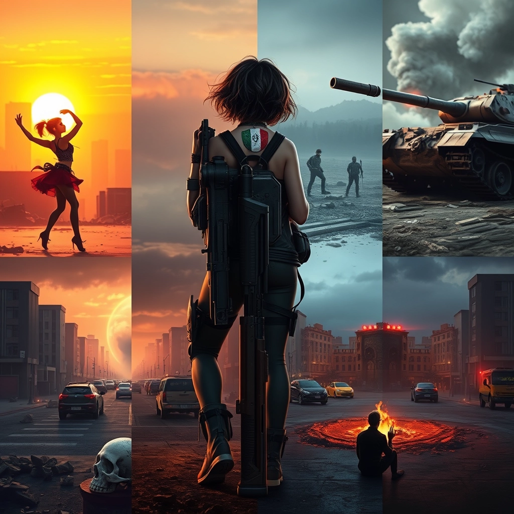 Photorealistic image divided into four panels, from left to right:  
First panel: a young, beautiful woman with short, curly hair, dressed in cyberpunk clothing, dancing against the backdrop of a destroyed city at sunset, with a destroyed and smoking tank on the right side of the image and a human skull on the ground.  
Second panel: the same girl, seen from behind, carrying a futuristic rifle on her shoulder, walking towards the destroyed city with a large dog by her side; the dog has a collar featuring the Italian flag.  
Third panel: the same girl and the same dog, viewed from a distance, approaching a city square; in the city, there are destroyed cars and in the center, a gigantic skull of an alien.  
Fourth panel: the same girl and the same dog, sitting in the center of the same square around a fire at night, with the same rifle between them.