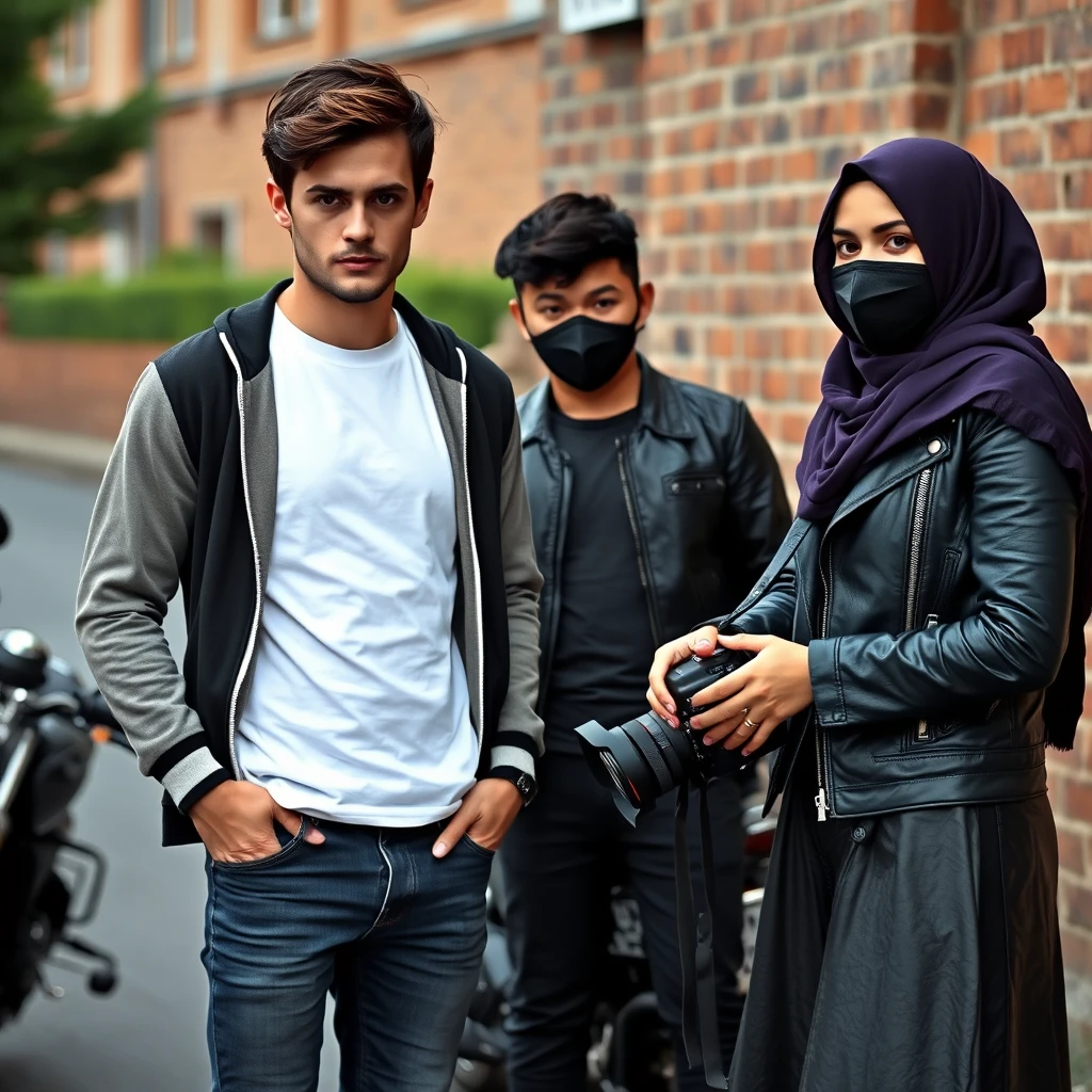 Jamie Dornan and Freddie Prinze, head and body shot, handsome, young, serious face, dark brown hair, white t-shirt, college jacket, skinny jeans, sneakers, standing, discussing with two guys with a short purple hijab Muslim girl, beautiful eyes, black face mask, black leather jacket, biggest black leather skirt, holding a DSLR Canon camera, near town road, superbike, hyper-realistic, street photography, brick wall, full body photo.