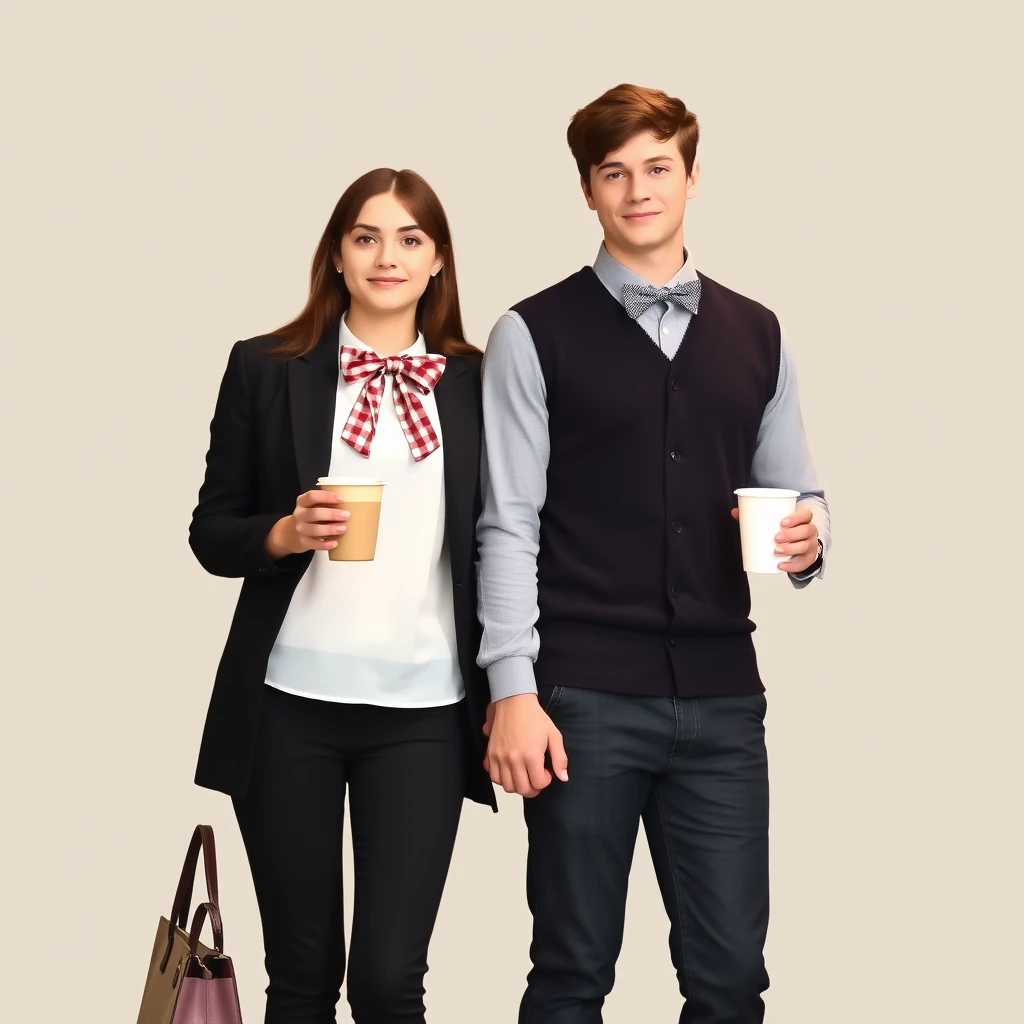 Young woman standing with a tall handsome boy, couple, wearing fashion, bow, simple background, cup, handbag, hand in hand, daily life.