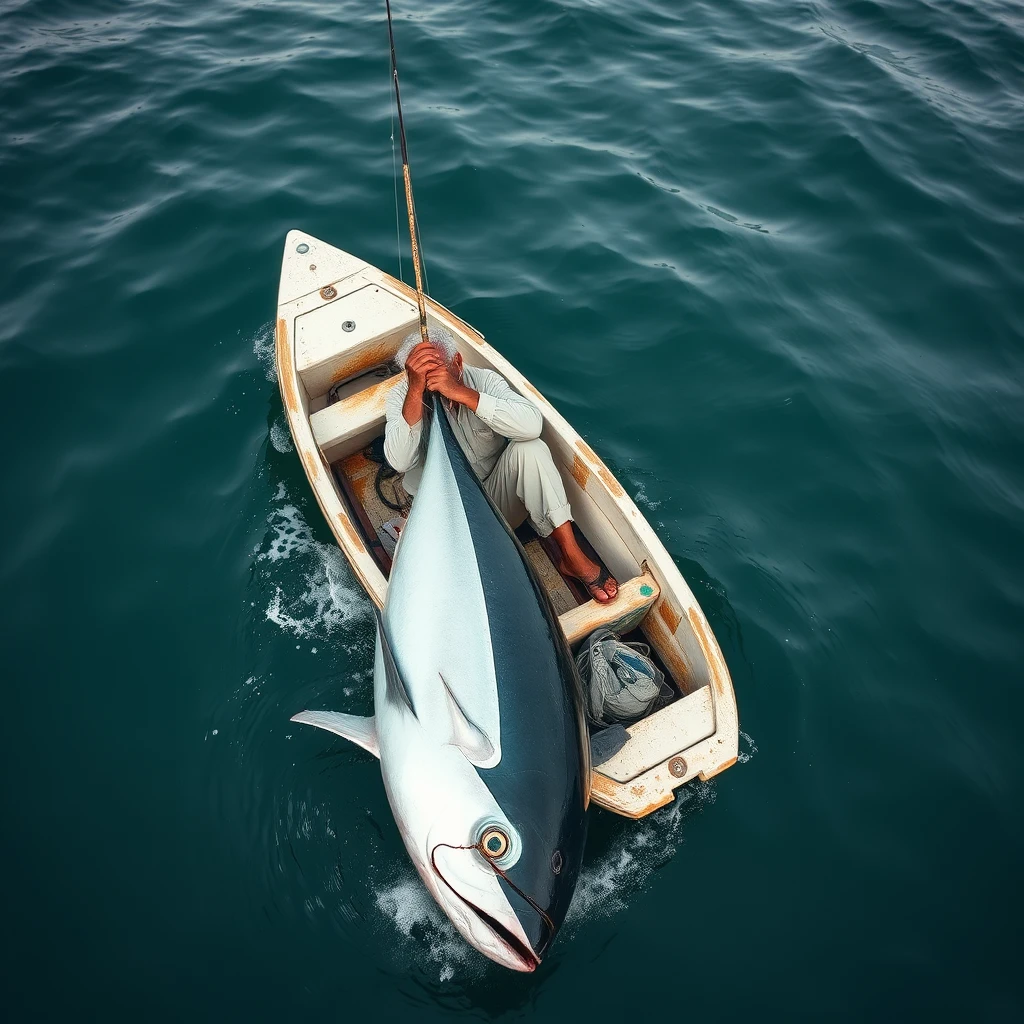 An old man in a small rowboat is being dragged by his fishing rod attached to a 3-meter-long tuna. - Image