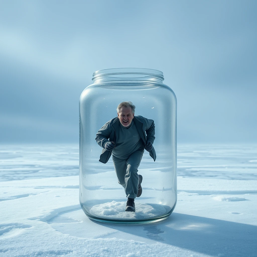 "In the icy world, there is a transparent glass jar. Inside the jar, a middle-aged man is running helplessly."