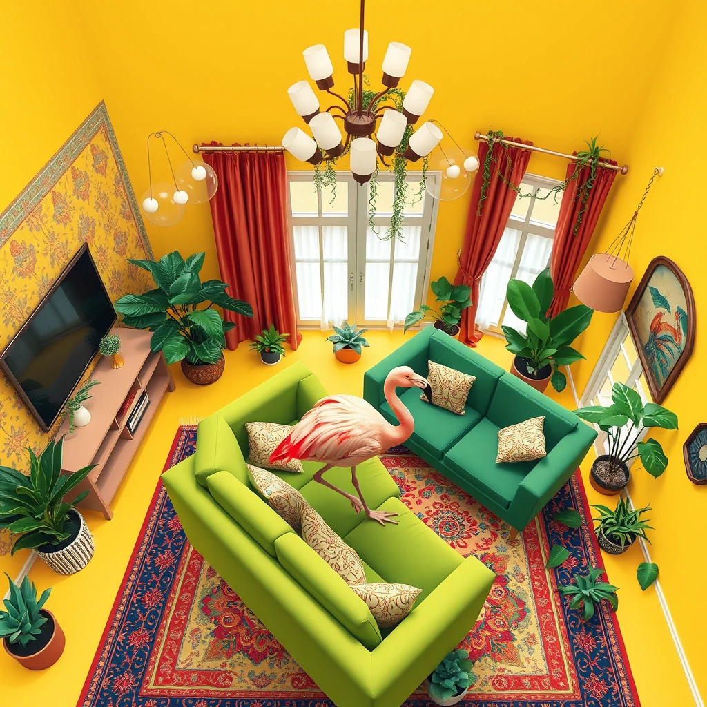 A maximalist illustration from an angled top-down view showing a flamingo sitting on a green couch in a yellow living room. The couch is positioned diagonally, giving a dynamic view of the room. The scene includes decorative wallpaper, unique lighting elements, a colorful Persian rug, and large windows with velvet curtains. Tropical plants, succulents, and hanging vines are spread throughout, creating a lush environment.