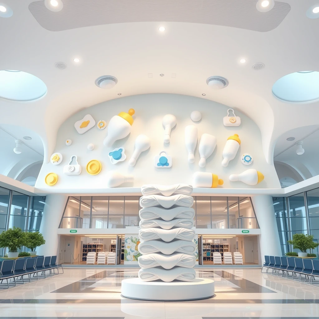 A design for an airport with a baby toddler diaper theme. Primary design elements should include diapers, pacifiers and baby bottles along with standard airport architecture. Present as 3D realistic rendering. Include a sculpture of a stack of diapers.