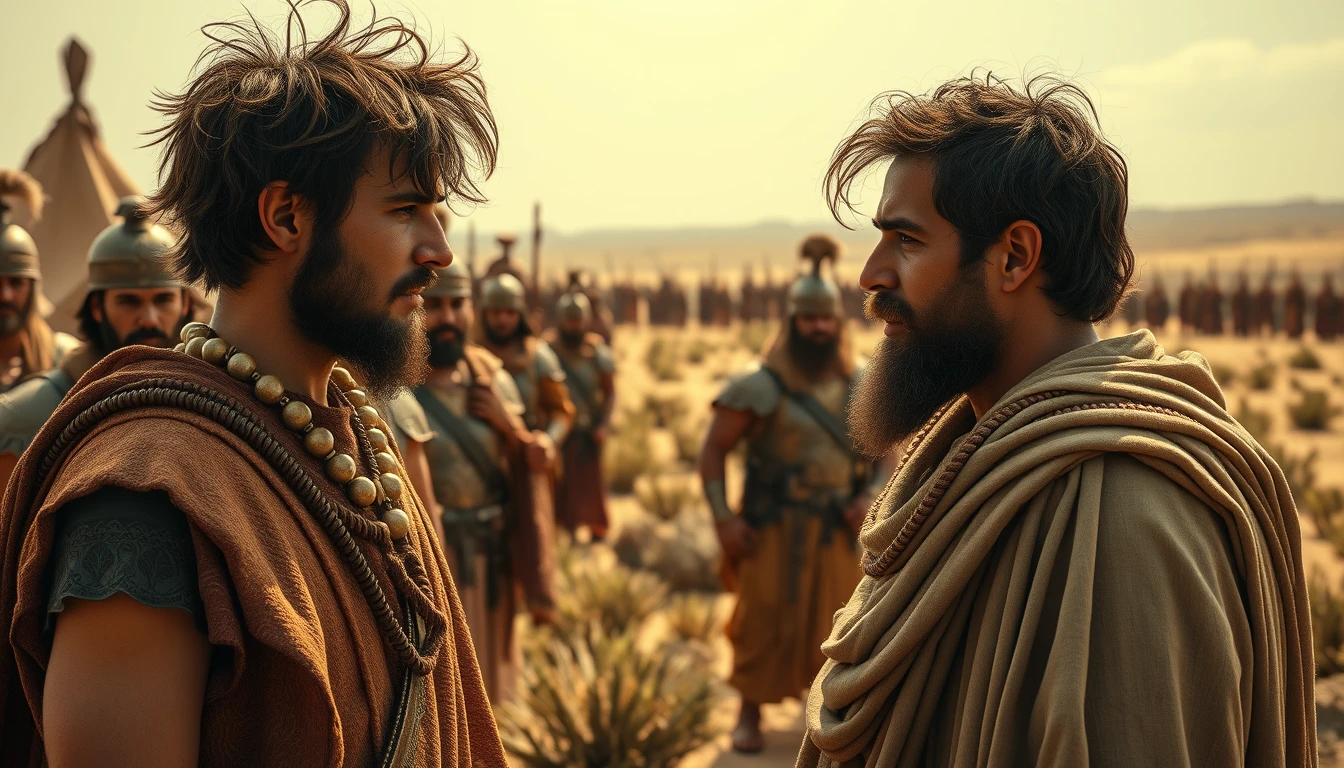 A young man with messy hair and a short beard is arguing with a middle-aged Sumerian king. The young man is dressed in biblical era shepherd's attire. Both men are surrounded by a diverse group of men in ancient Sumerian soldier armor. In the background are Arab tents pitched on desert shrub land. In the distant horizon stands another army armed and ready to fight. Dramatic lighting.