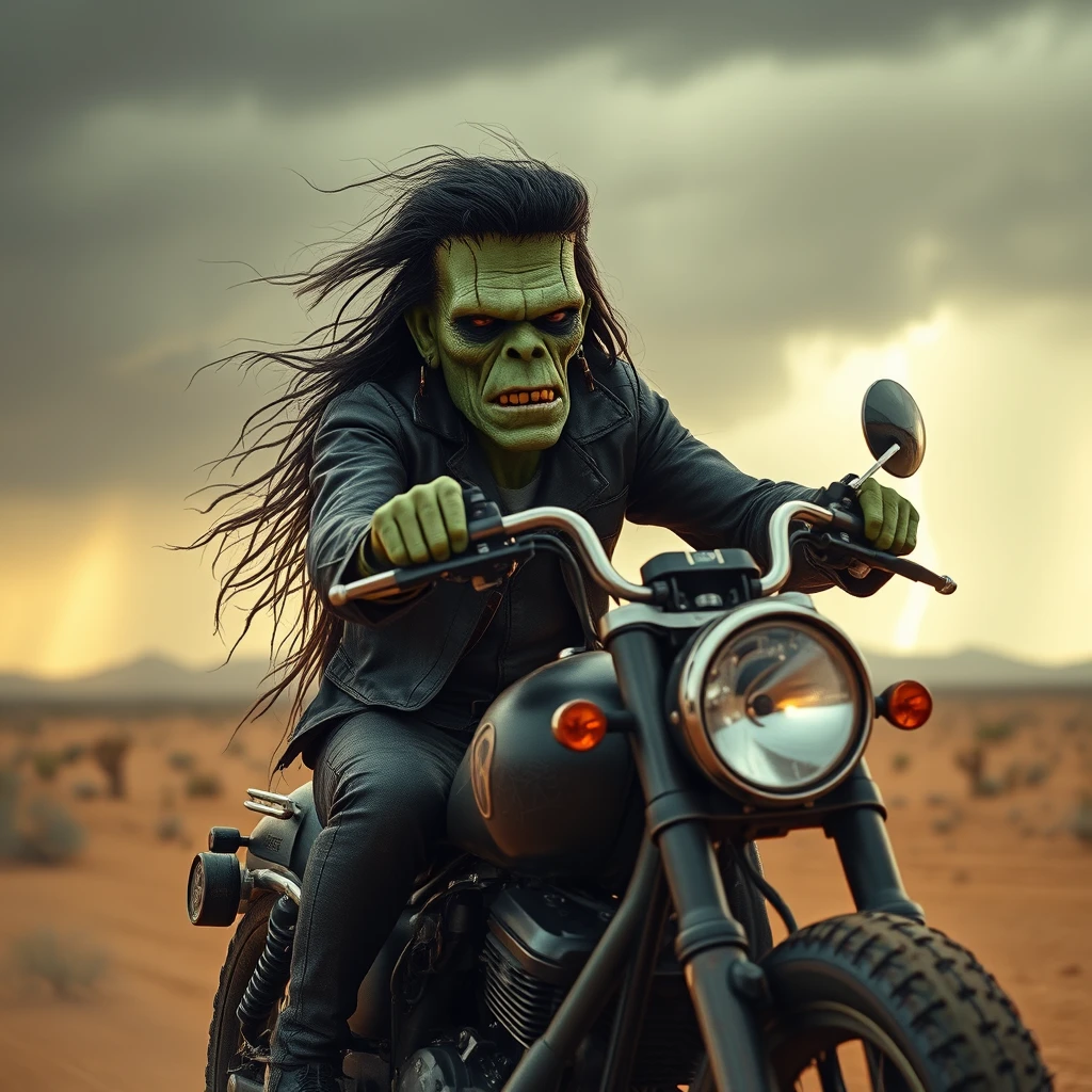 Frankenstein with long hair, riding his chopper, a storm is coming across the desert, photo-realistic, 4k. - Image