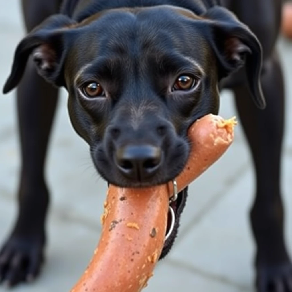 A black dog is eating a sausage.