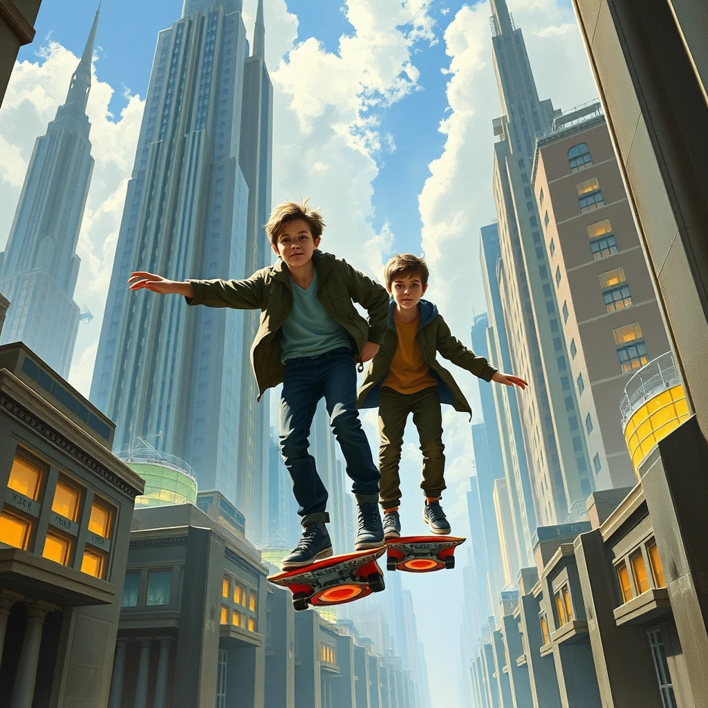 low-wide shot, two teen boys are riding flying boards through a futuristic city, a painting by Chesley Bonestell, 1024 by 512 resolution.