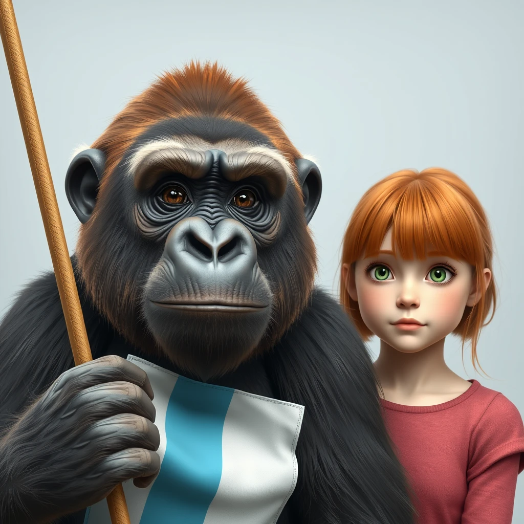 A gorilla holding a light blue, white, light blue three-striped flag next to a cute ginger-haired, green-eyed teenage girl with bangs.