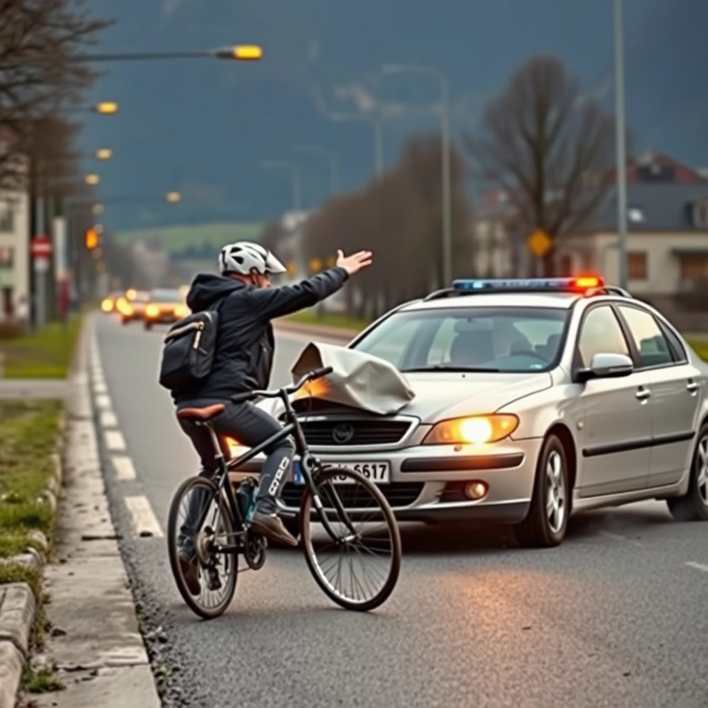 Realistic image of two people fighting over a traffic accident involving a car and a bike in Salzburg.