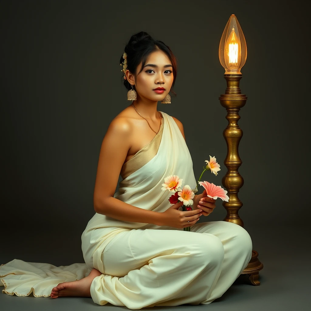 A voluptuous young lady, in minimalistic attire, wishing Onam with delicate flowers and sitting next to a tall brass lamp.