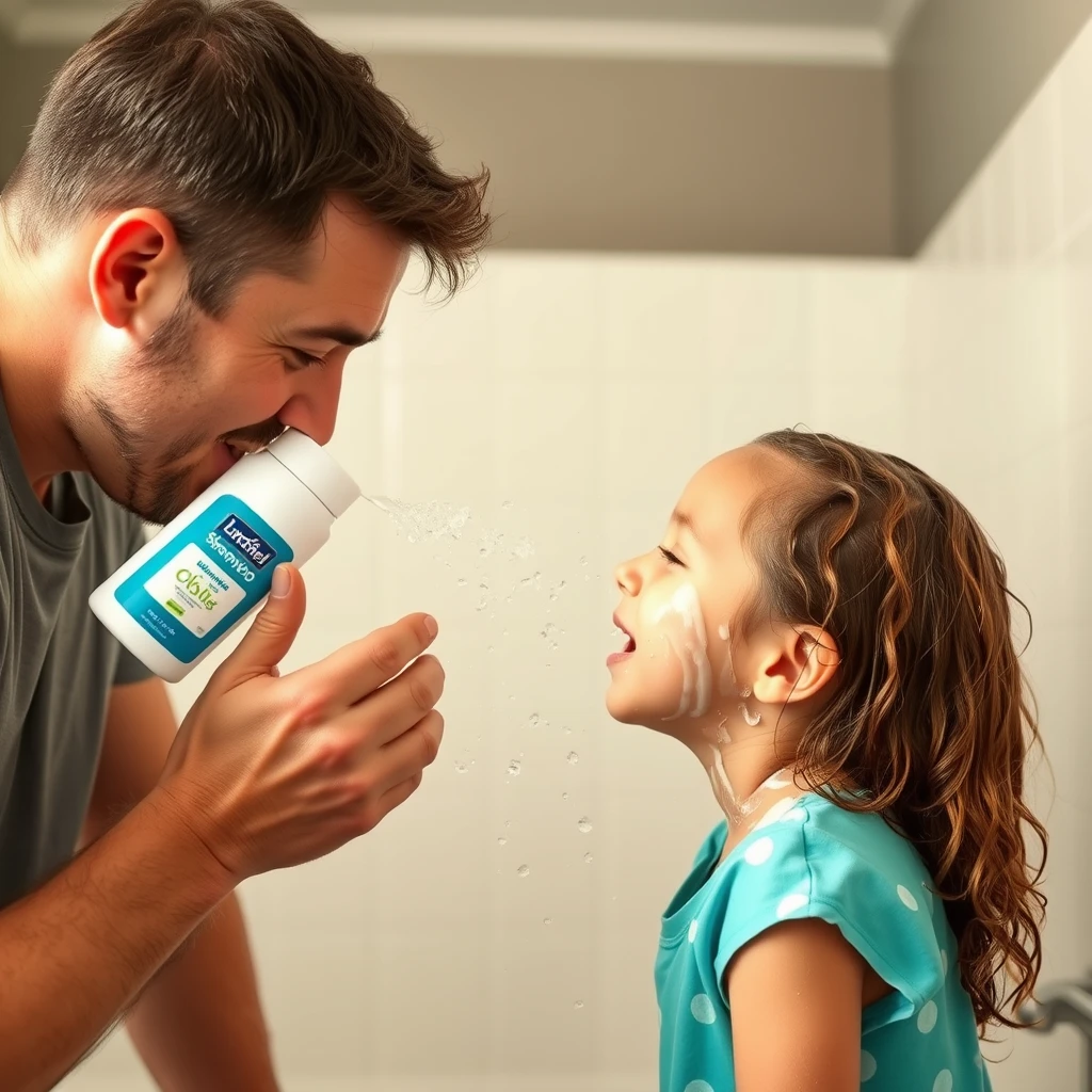 A dad squirts shampoo on his daughter's face as she washes her hair. - Image