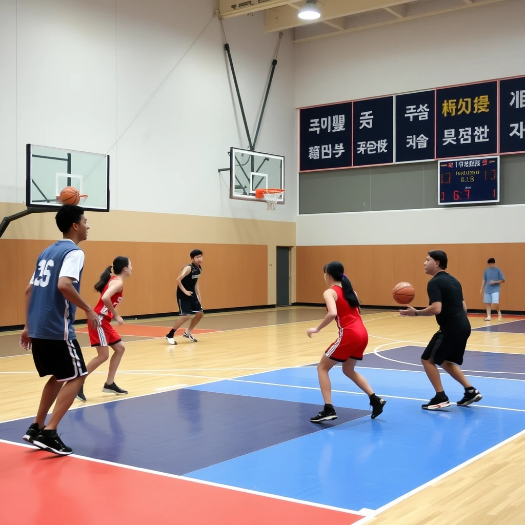 On the indoor basketball court, men and women are playing basketball, with Chinese characters or Japanese or Korean. Note that there should be both men and women.