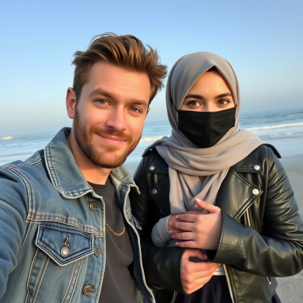 Jamie Dornan's head and body shot, handsome, black face mask, denim jacket, jeans, dating, love couple with the biggest gray hijab Muslim girl, beautiful eyes, black face mask, black leather jacket, biggest skirt, at the beach, holding a baby, hyper-realistic, street photography, selfie.