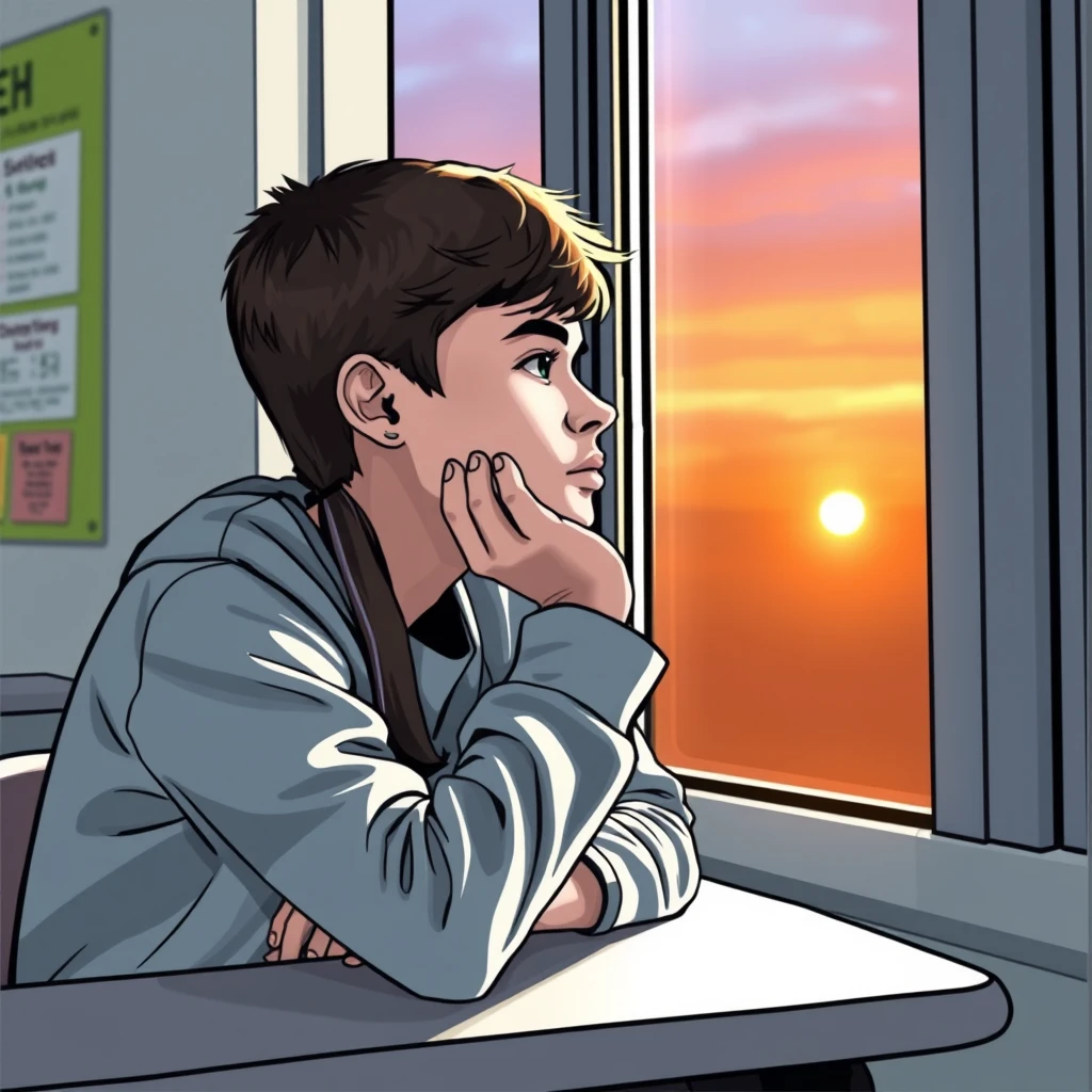 "A middle school student rests their chin on their hand, sitting in the corner of the classroom, looking at the sunset outside the window." - Image