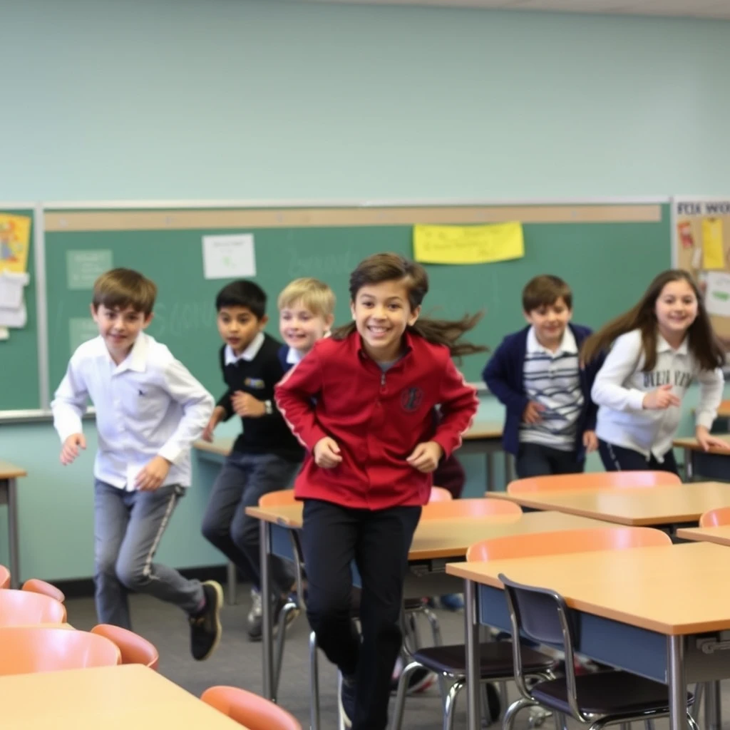 In the classroom, during the break, students are chasing and playing around. - Image