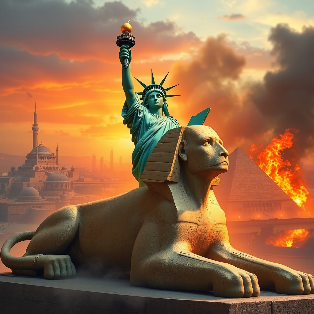 Realistic image of the Statue of Liberty kicking the Egyptian Sphinx, with Cairo in flames in the background. - Image