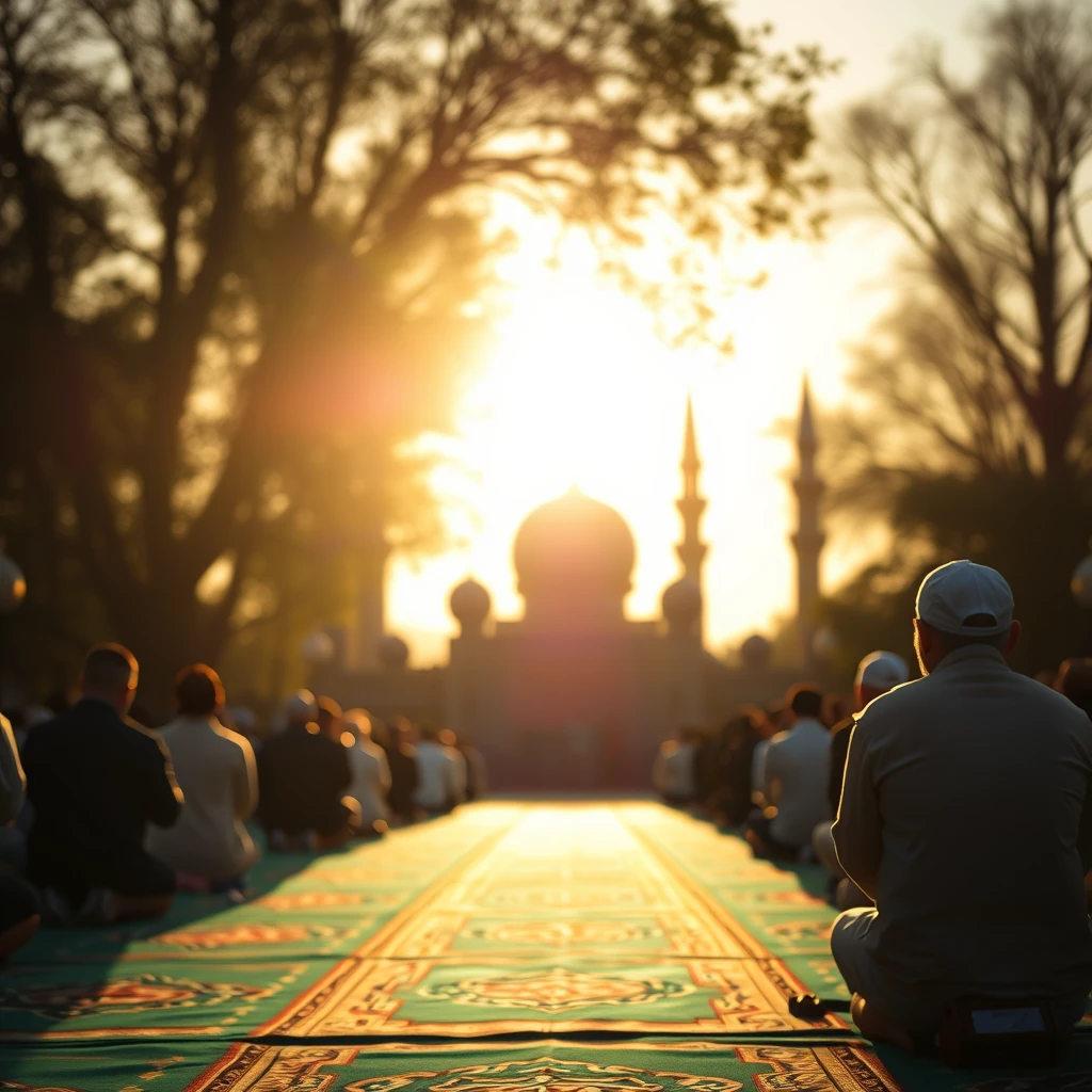 a Muslim prayer, bokeh, golden hour, outdoor