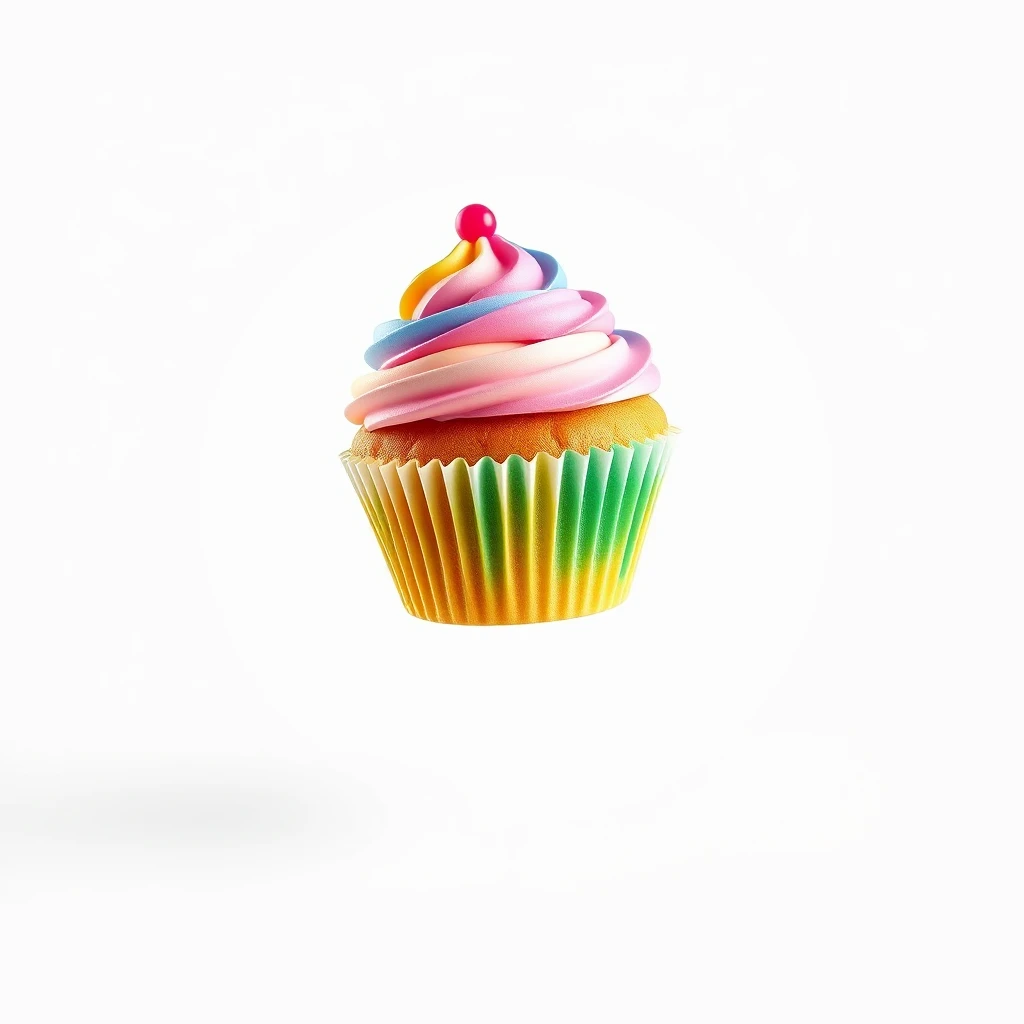 Ultra-realistic 3D render, rainbow cupcake. Seamlessly in the air, on seamless white background.