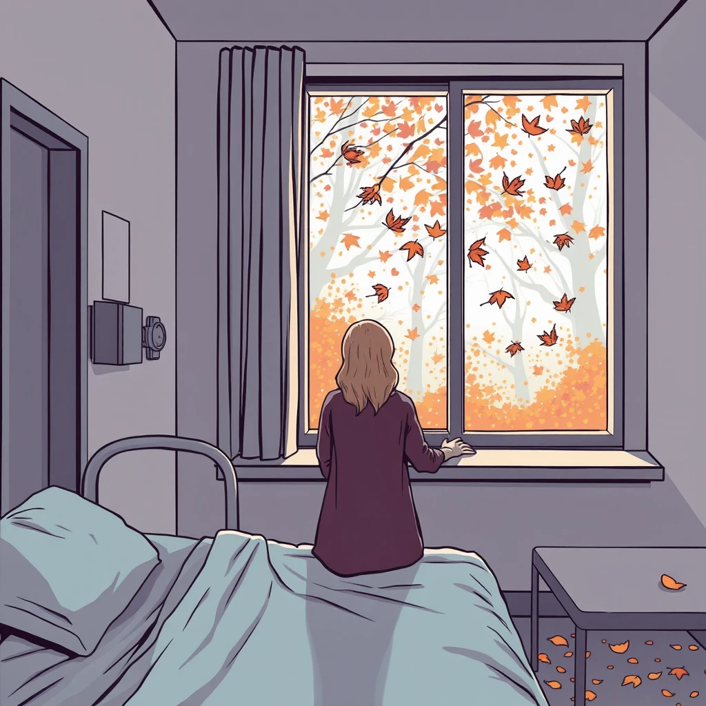 A lonely woman in the hospital looking out of the window at the fallen leaves, a very strong sense of atmosphere. Free composition. comic.