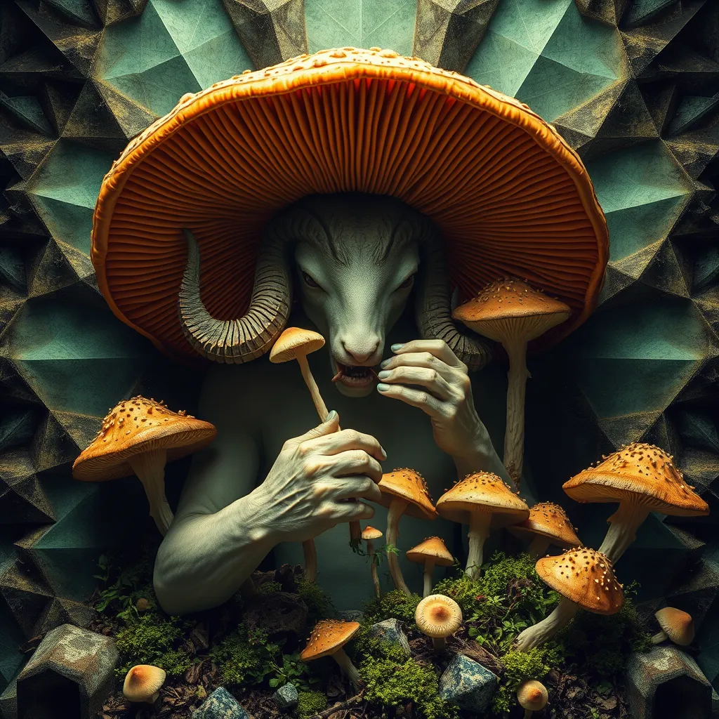 Satyr eating mushrooms and breaking through to another dimension full of geometric fractal patterns, HD photography.