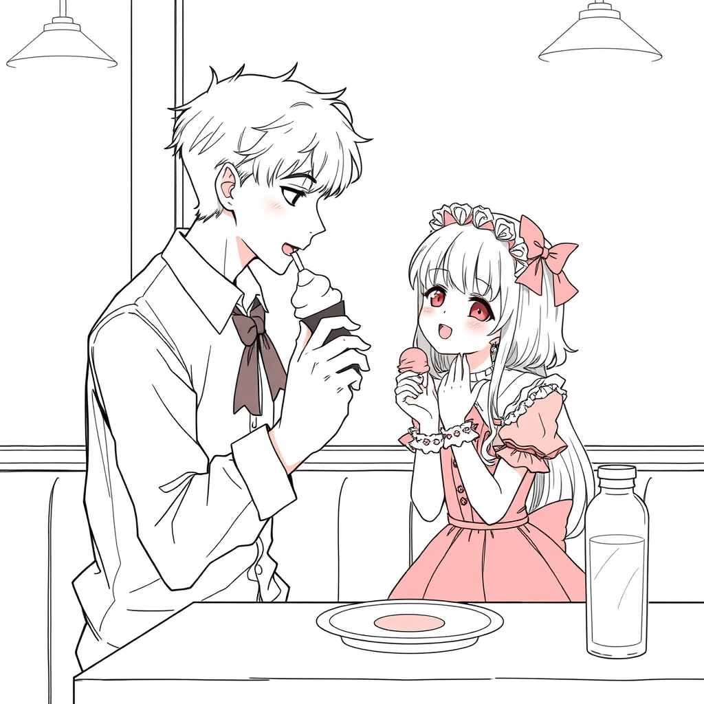 The boy was feeding the girl ice cream, and the girl was wearing a Lolita dress, holding her cheeks in her hands on the table. The boy is tall and handsome. Anime line art.