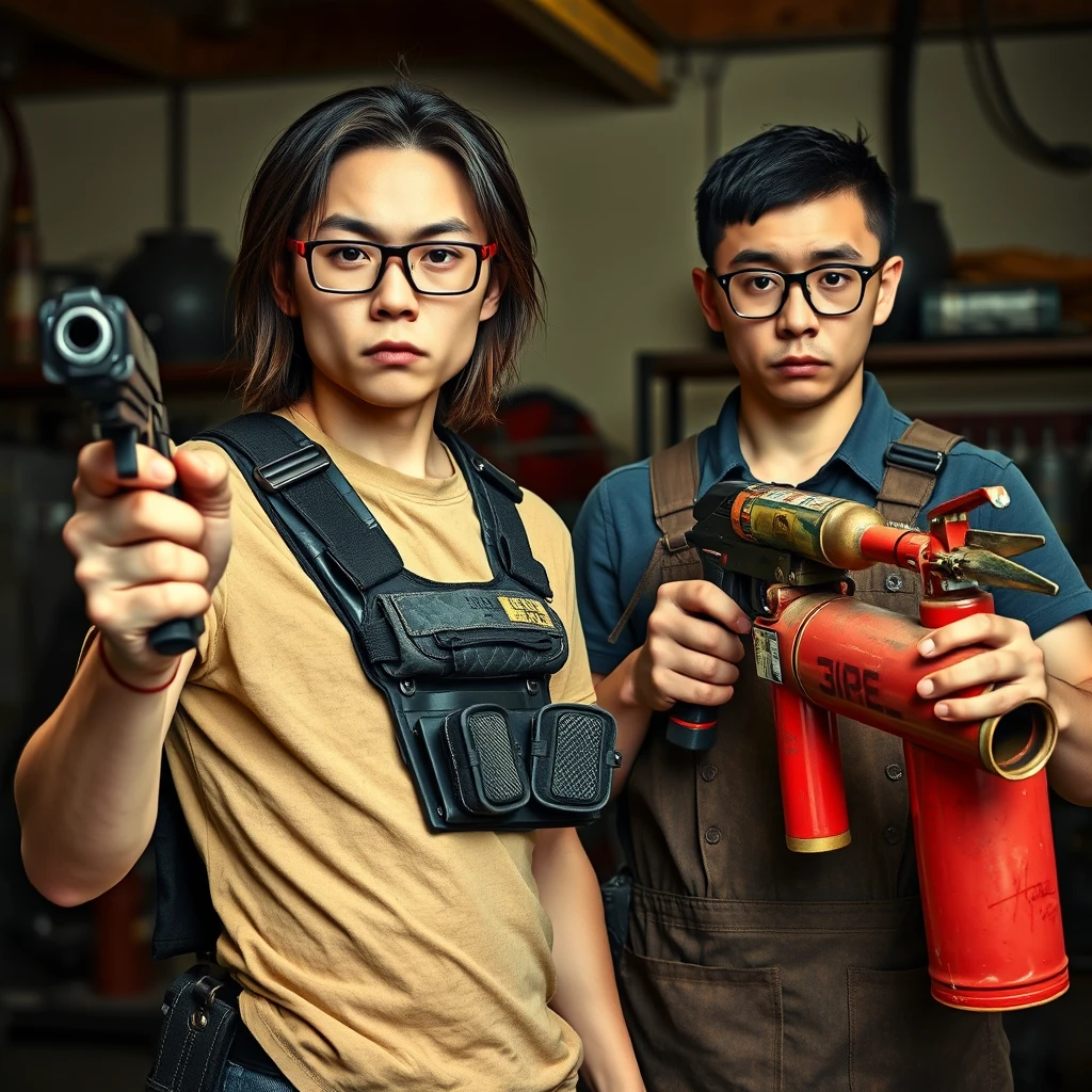 21-year-old thin, long-faced white adult northern Chinese man with a square chin, wearing square glasses, holding a pistol, with medium to long-length hair, in a tactical chest rig; 21-year-old Caucasian Italian man wearing round glasses and short hair holding a very large fire extinguisher flamethrower, wearing a welding apron; garage setting; both appear angry.