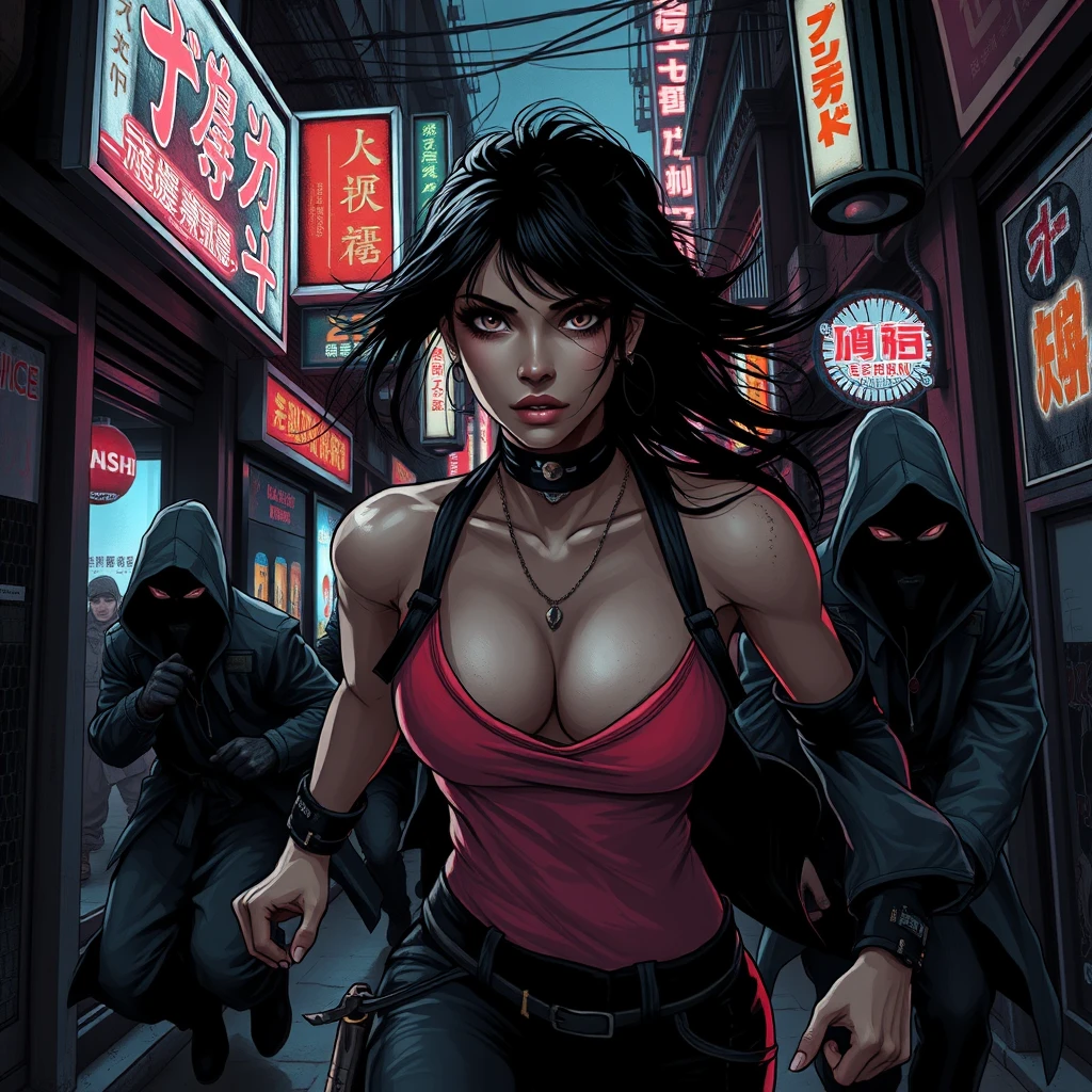 "beautiful alluring cyberpunk female running down a dark dystopian urban alleyway being chased by cyberpunk assassins in hooded cloaks, grunge graffiti art style, street fighter style, japanese shop signs, neon lights with realistic lighting, dark and gloomy, comic book art style with rough lines, realistic lighting, realistic reflections, high quality, 8k, close up over the shoulder camera shot" - Image