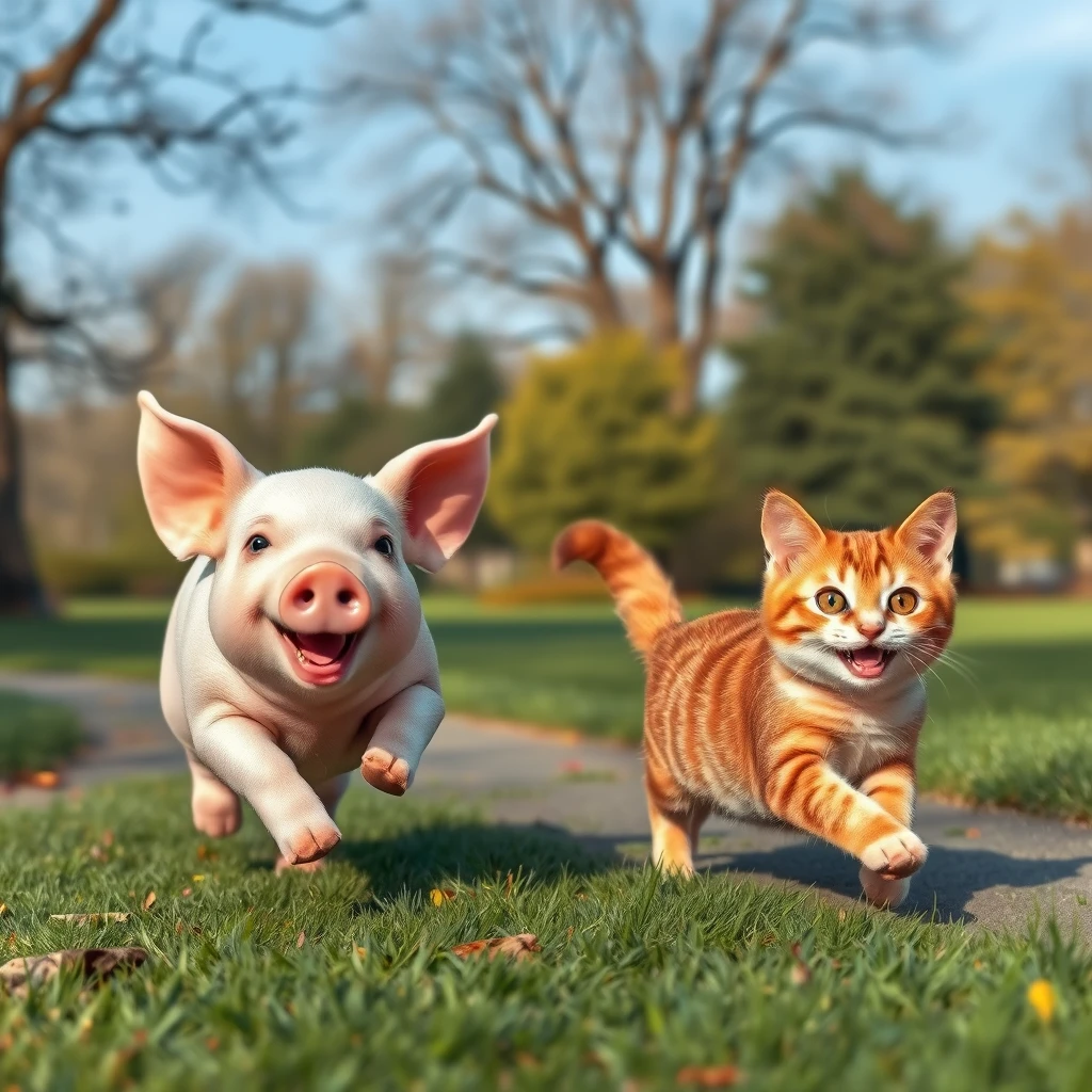 a pig and a cat are running happily in the park - Image