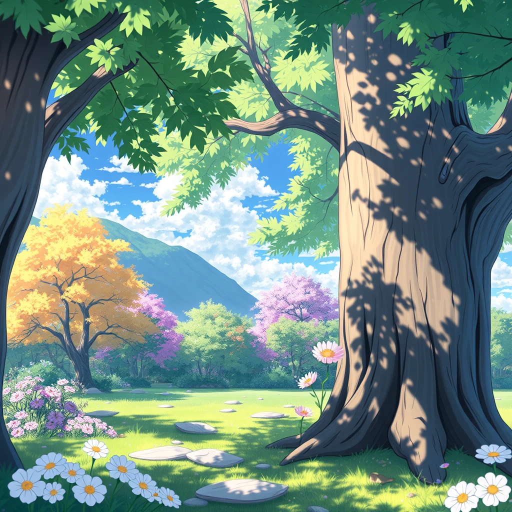 Anime, trees, fresh flowers