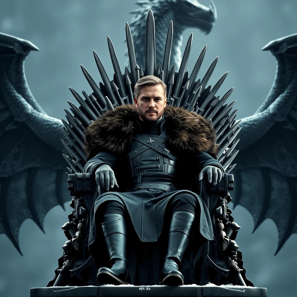 Create a real photo with Jon Snow sitting on the Iron Throne with a dragon behind him. - Image