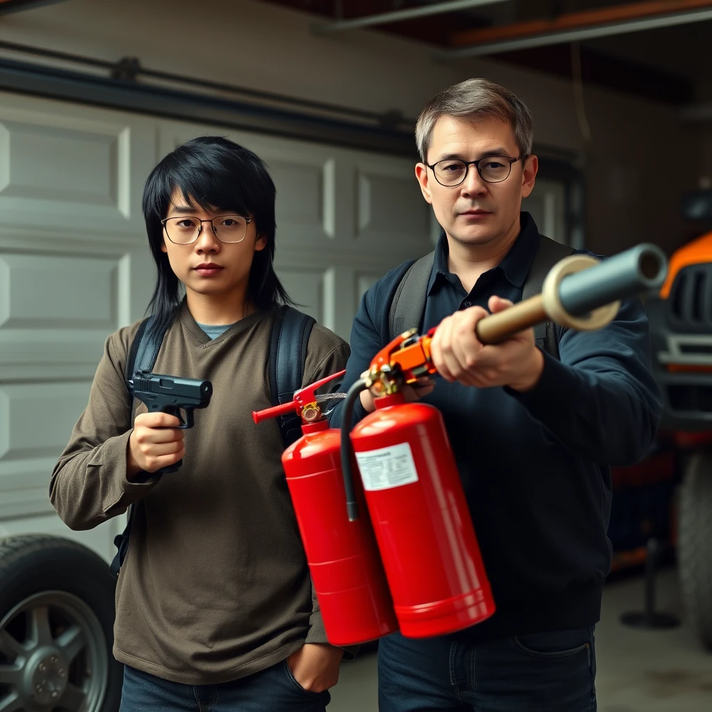 2-person setting, "21-year-old white Chinese man wearing square glasses, mid/long black mullet hair, holding pistol"; "21-year-old white European Italian man wearing round glasses, short hair, holding a very large fire extinguisher flamethrower", garage setting. - Image