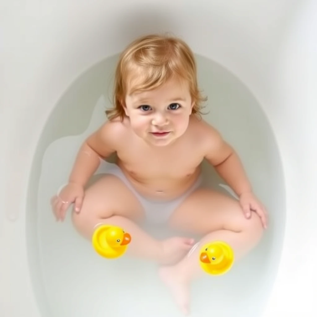 Toddler girl taking a bath in a bathtub with clear water, sitting cross-legged with yellow rubber ducks.