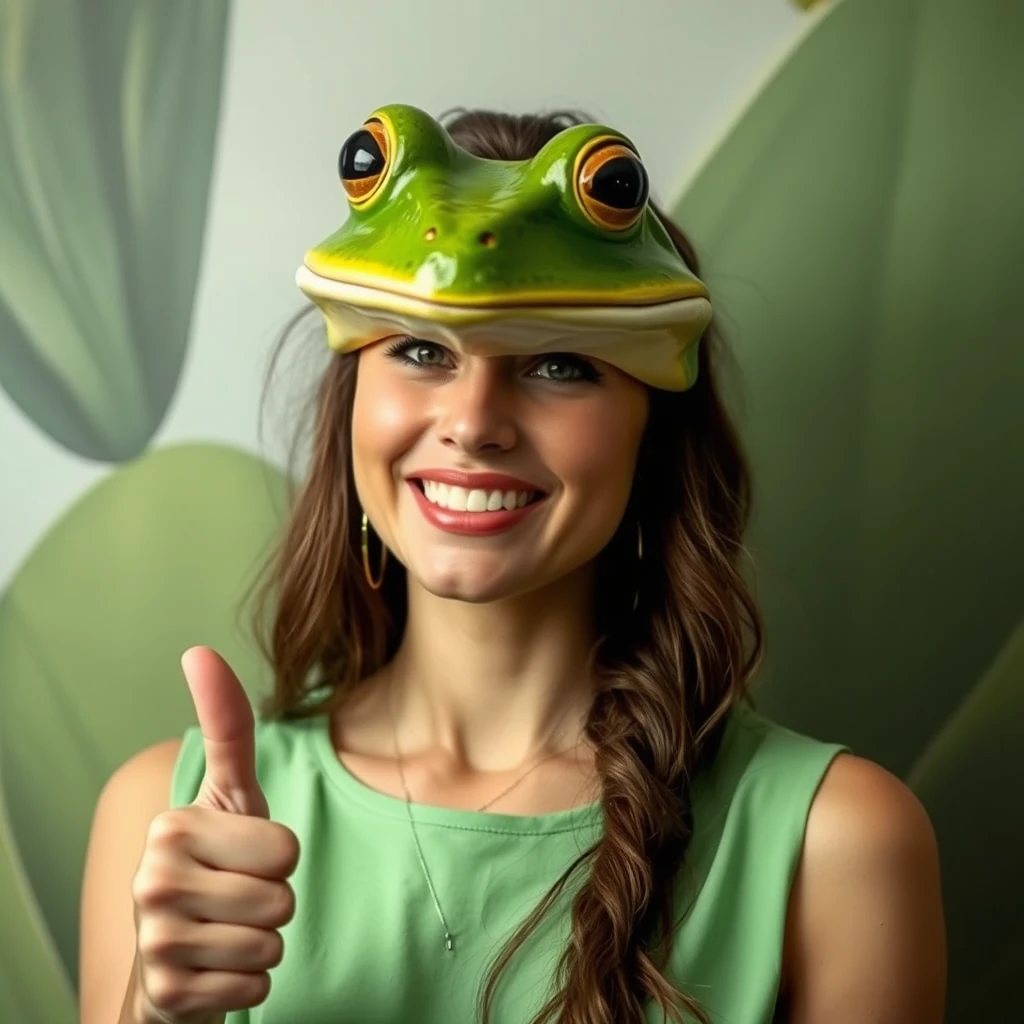 A beautiful woman with a frog head giving the thumbs up. - Image